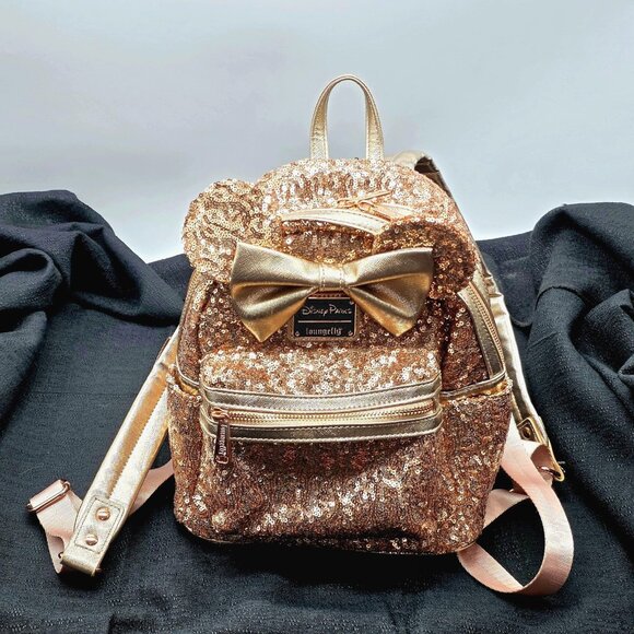 Disney Parks Loungefly Sequined Rose Gold Mini Backpack Minnie Mouse Ears